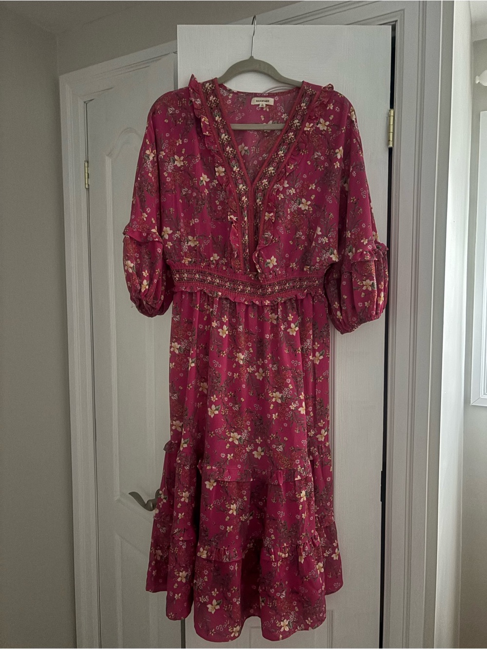 Max Studio Magenta Floral Midi Dress with Ruffle Tiers